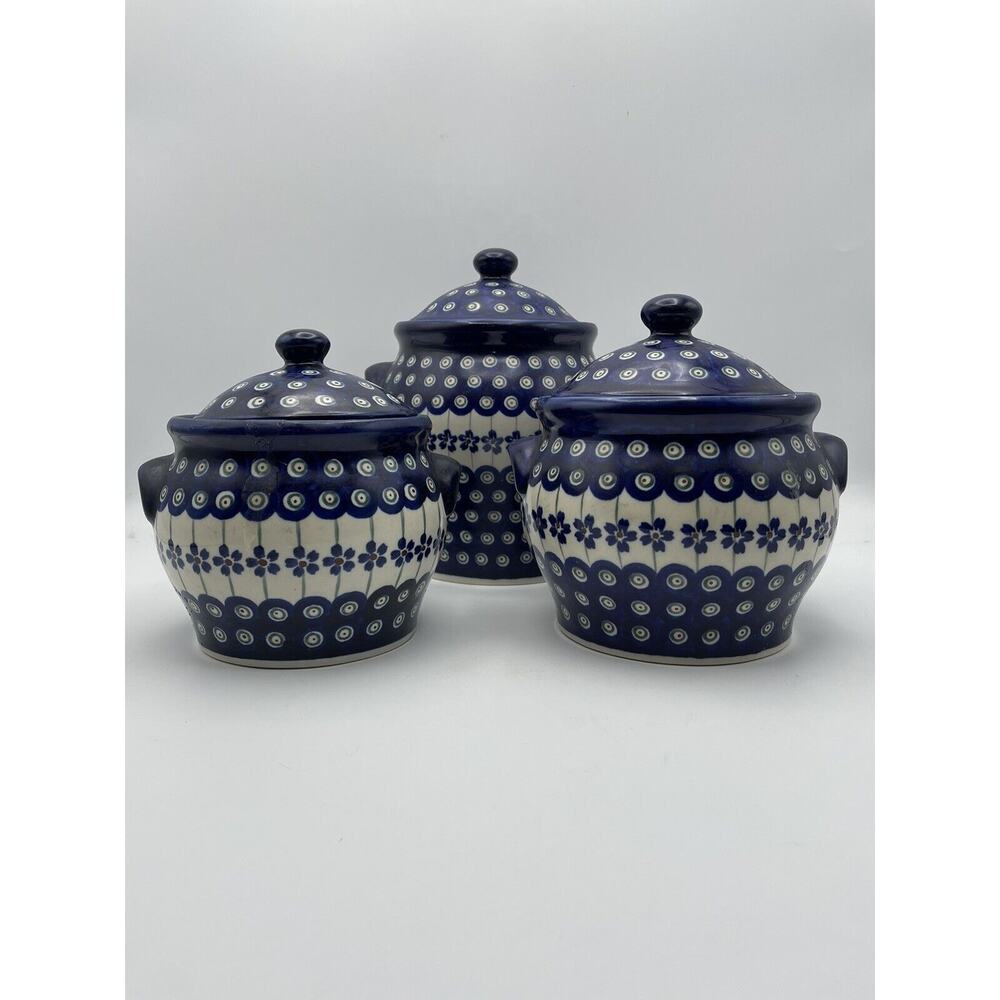 Boleslawiec Blue Rose Polish Pottery Flowering Peacock Canister Set Cookie Jar